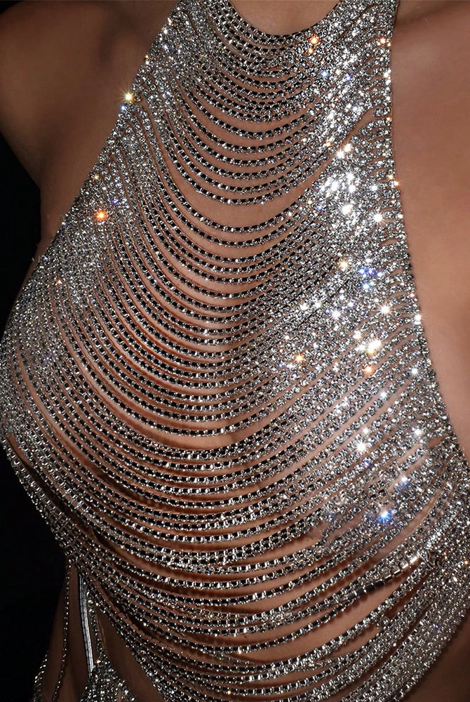 Silver rhinestone halter top with layered chain rows and glittering mesh texture