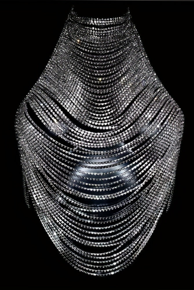 Silver rhinestone halter top with vertical layered chain stripes and halter neckline