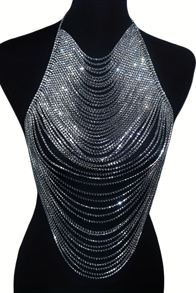 Silver rhinestone halter top with layered chain rows and draped shimmer fringe