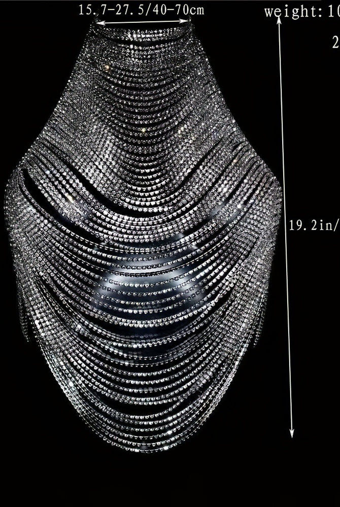 Silver rhinestone halter top with layered chain rows and halter neckline