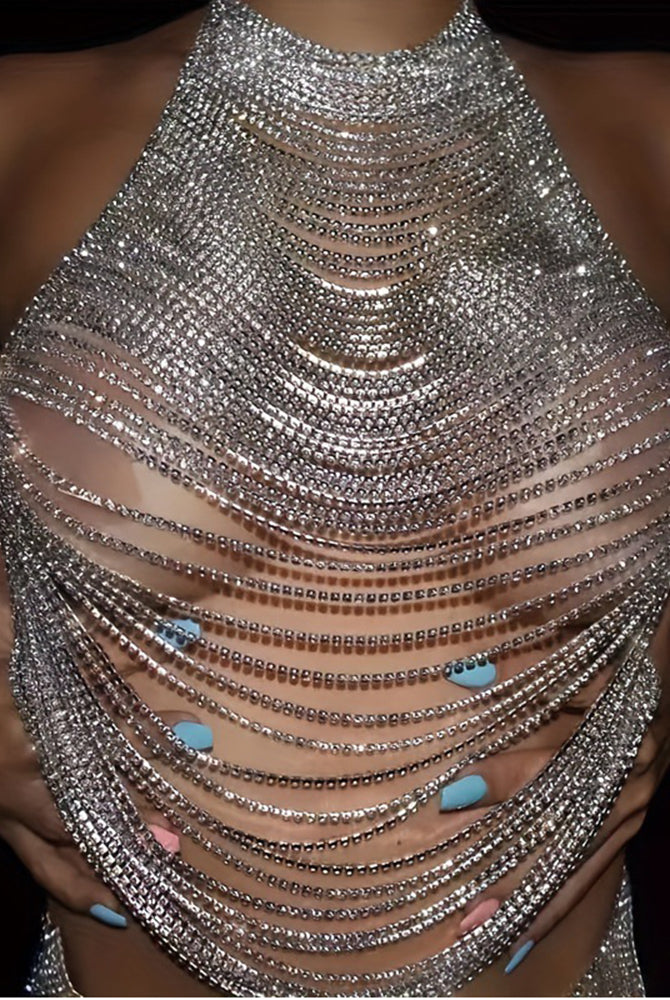 Silver rhinestone halter top with layered chain fringe and beaded line details