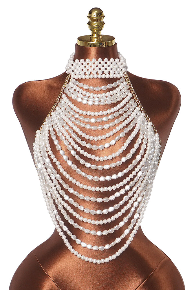 White pearl halter crop top with scalloped multi-row beading front