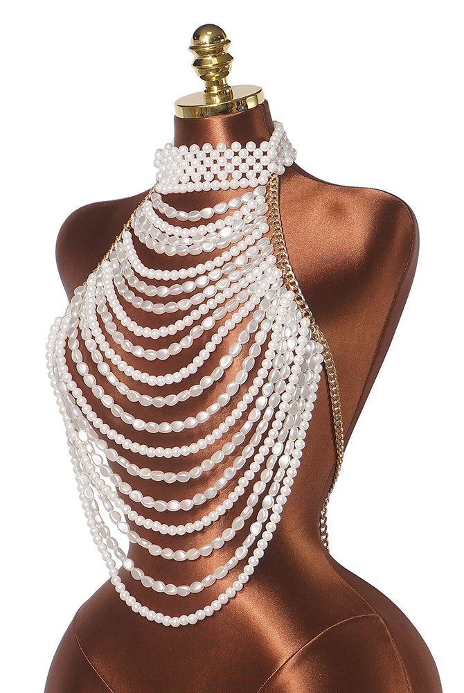 White pearl halter crop top with layered bead fringe and gold-tone chain detail
