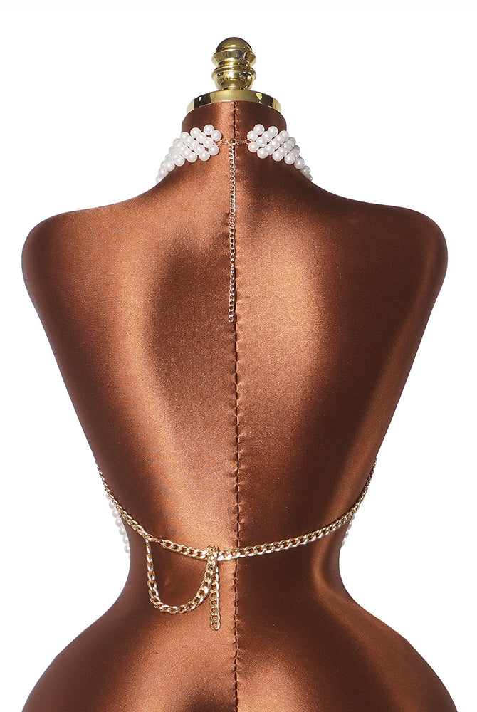 White pearl halter crop top with long tie chain and open back