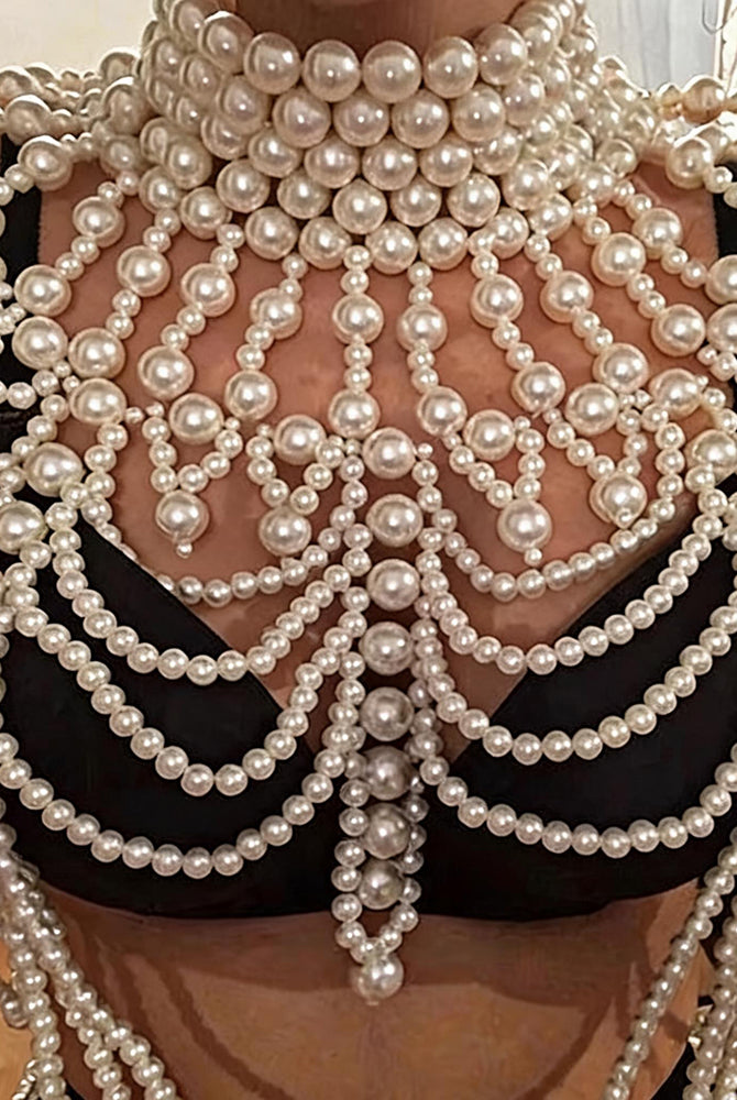 Pearl fringe halter top with dense layered pearl body chains, cascading pearl rows