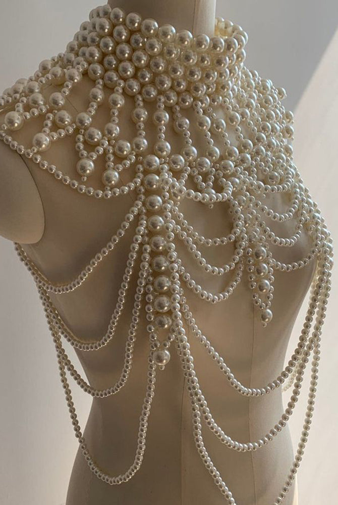 Pearl fringe halter top with multi-layer pearl body chain, long pearl drops and fringe