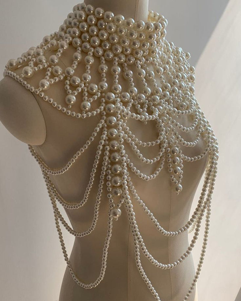 Pearl fringe halter top with multi-layer pearl body chain, long pearl drops and fringe