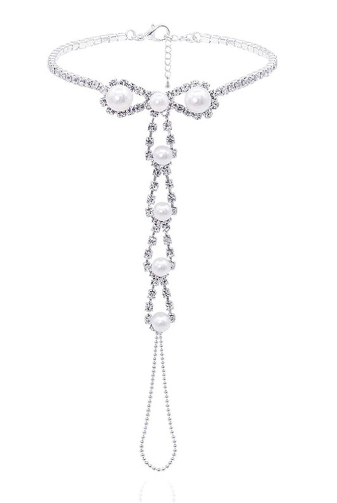 Pearl rhinestone toe anklet bracelet with central tassel and pearl drop