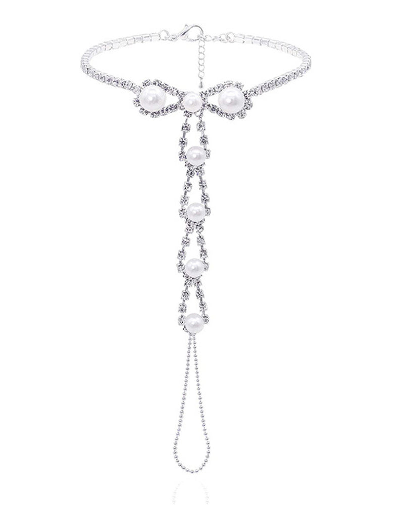 Pearl rhinestone toe anklet bracelet with central tassel and pearl drop