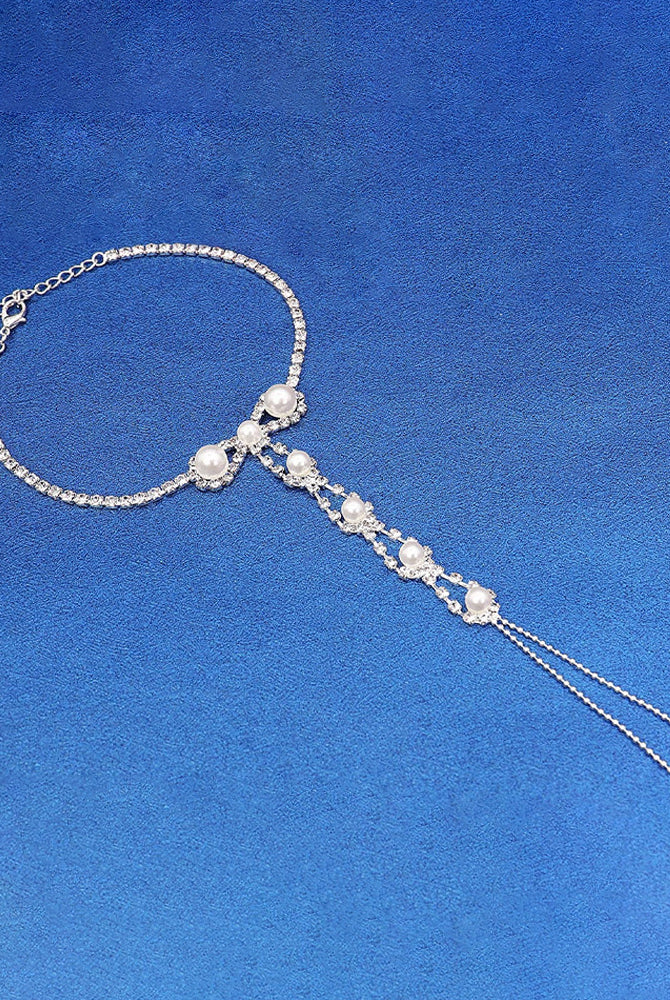 Pearl rhinestone toe anklet bracelet with clasp, pearl links and hanging tassel