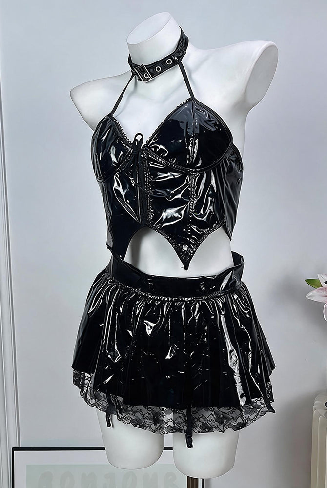 Black patent halter crop top and mini skirt with choker, shown on mannequin torso