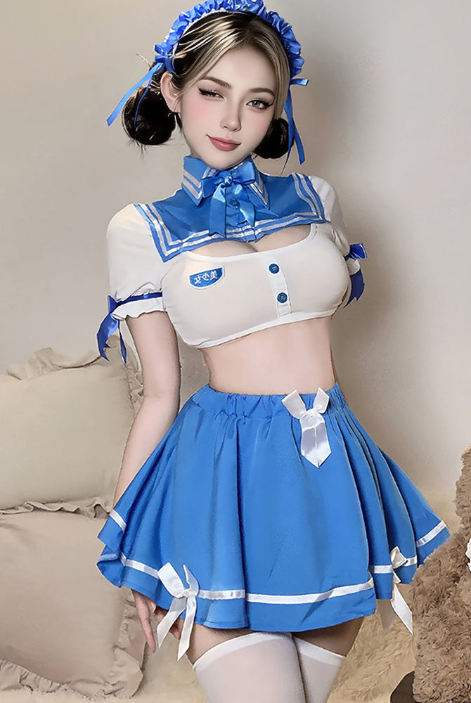 Sailor-style lingerie set in white and blue with pleated skirt and headband