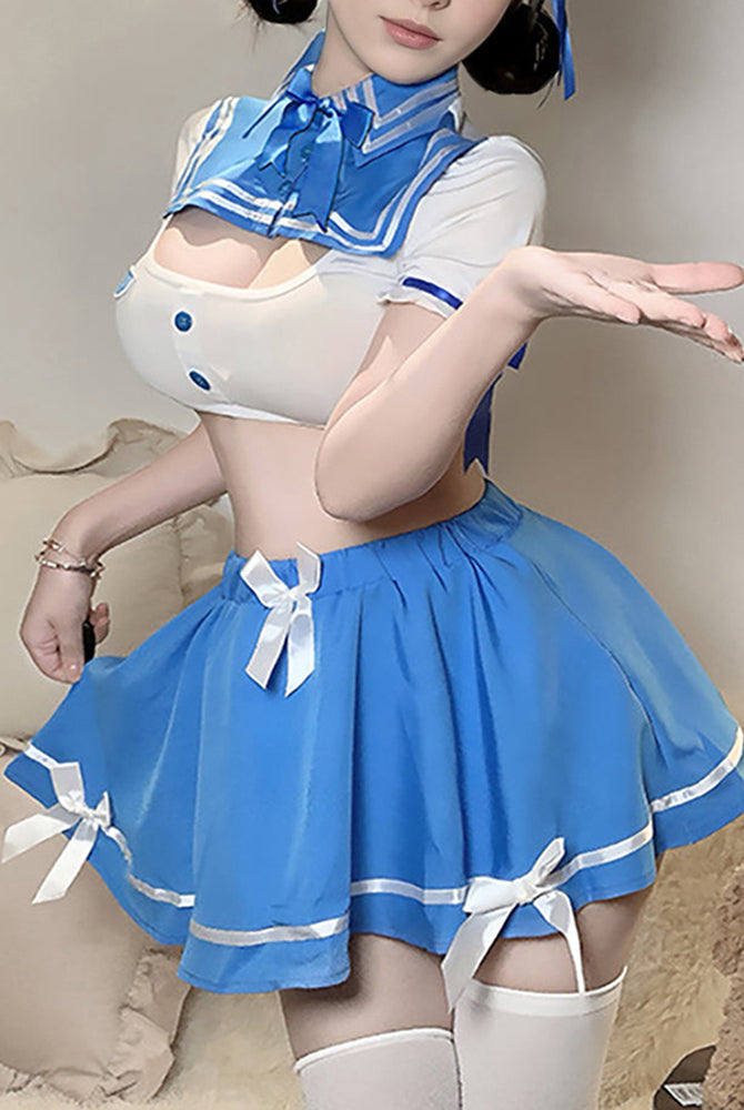 Sailor-style lingerie set with white top and blue pleated skirt, bow-trimmed details, headband