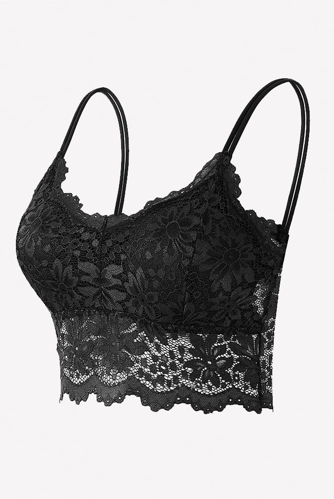 Black floral lace bralette crop top with spaghetti straps and scalloped hem