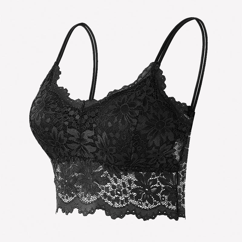 Black floral lace bralette crop top with spaghetti straps and scalloped hem
