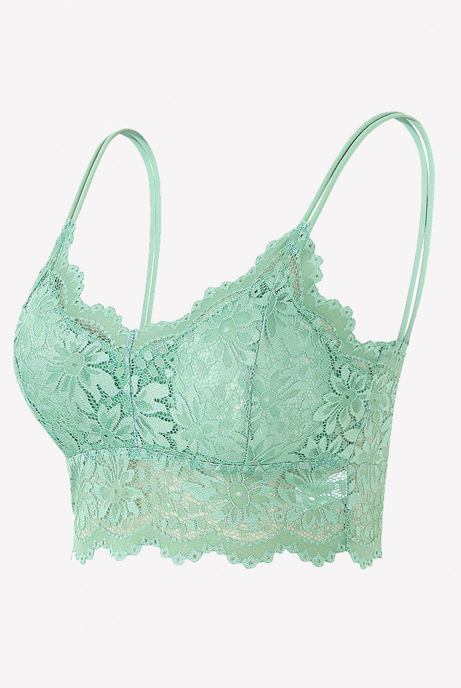 Mint green floral lace bralette crop top with spaghetti straps and scalloped hem