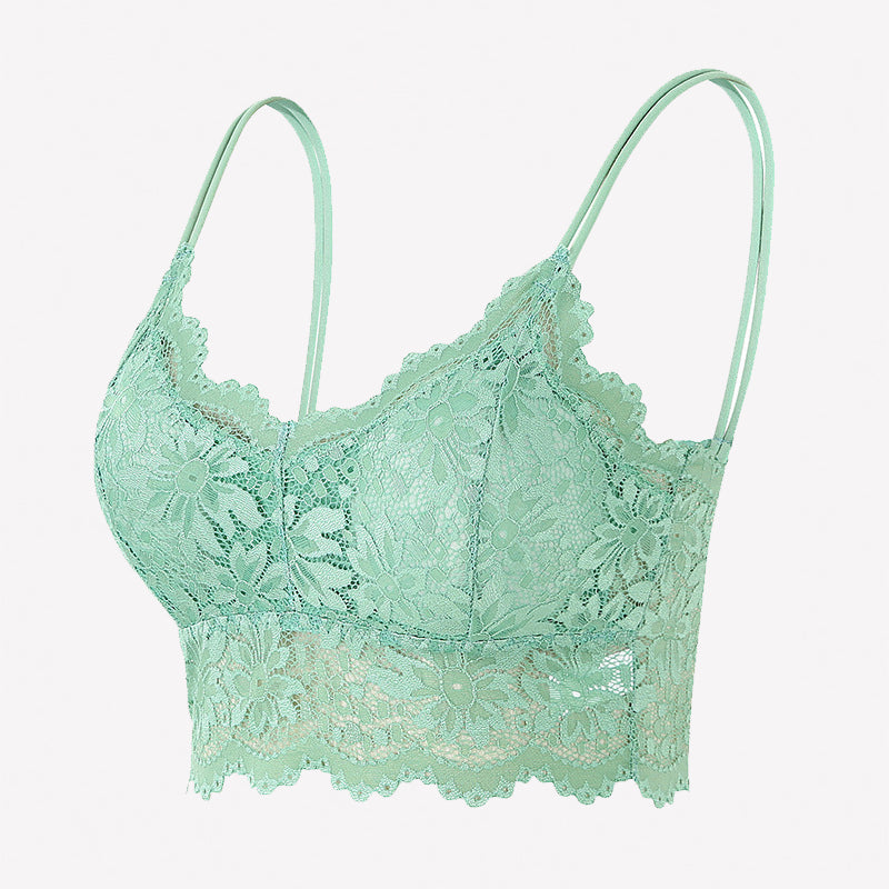 Mint green floral lace bralette crop top with spaghetti straps and scalloped hem