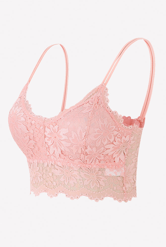 Blush pink floral lace bralette crop top with spaghetti straps and scalloped hem