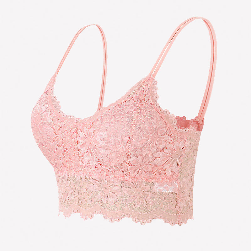 Blush pink floral lace bralette crop top with spaghetti straps and scalloped hem
