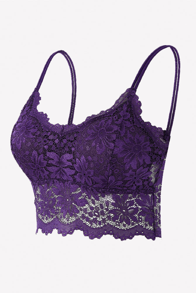 Purple floral lace bralette crop top with spaghetti straps and scalloped hem