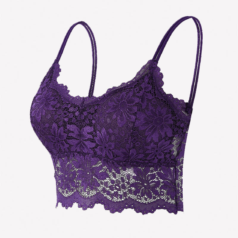 Purple floral lace bralette crop top with spaghetti straps and scalloped hem
