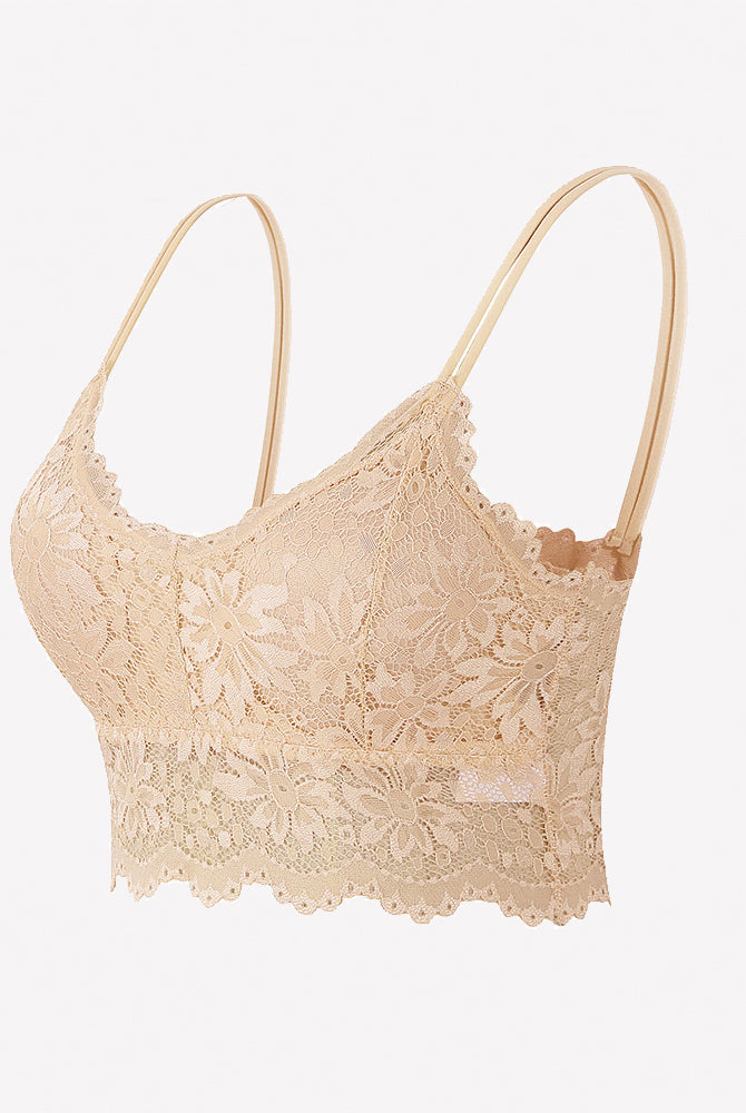 Nude floral lace bralette crop top with spaghetti straps and scalloped hem