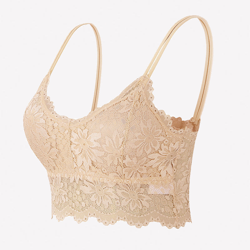 Nude floral lace bralette crop top with spaghetti straps and scalloped hem