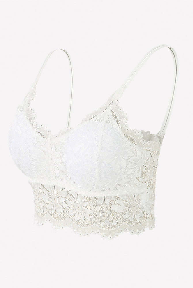 White floral lace bralette crop top with spaghetti straps and scalloped hem