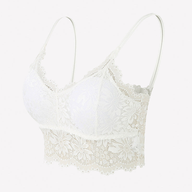 White floral lace bralette crop top with spaghetti straps and scalloped hem