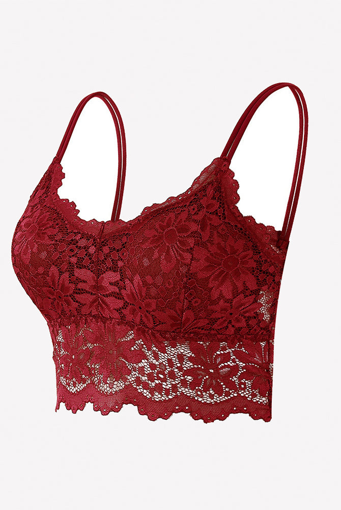 Wine red floral lace bralette crop top with spaghetti straps and scalloped hem