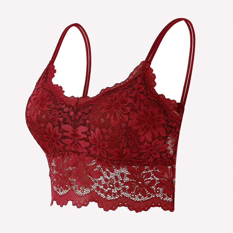 Wine red floral lace bralette crop top with spaghetti straps and scalloped hem