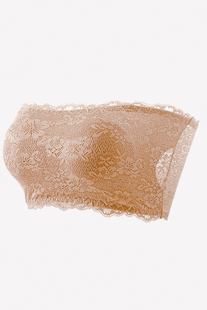 Beige floral lace strapless bandeau bra with scalloped edge and lace pattern.