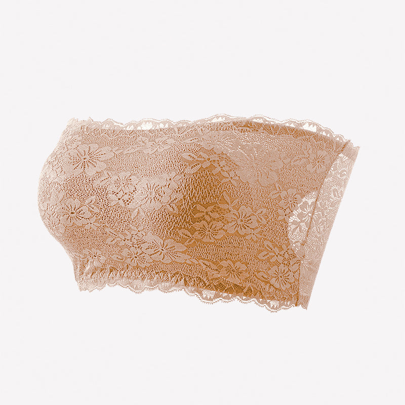 Beige floral lace strapless bandeau bra with scalloped edge and lace pattern.
