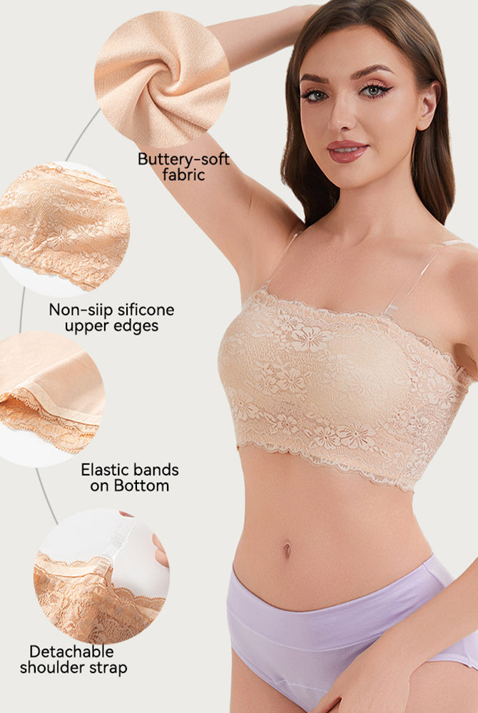 Nude floral lace strapless bandeau bra with scalloped trim and smooth supportive fit.