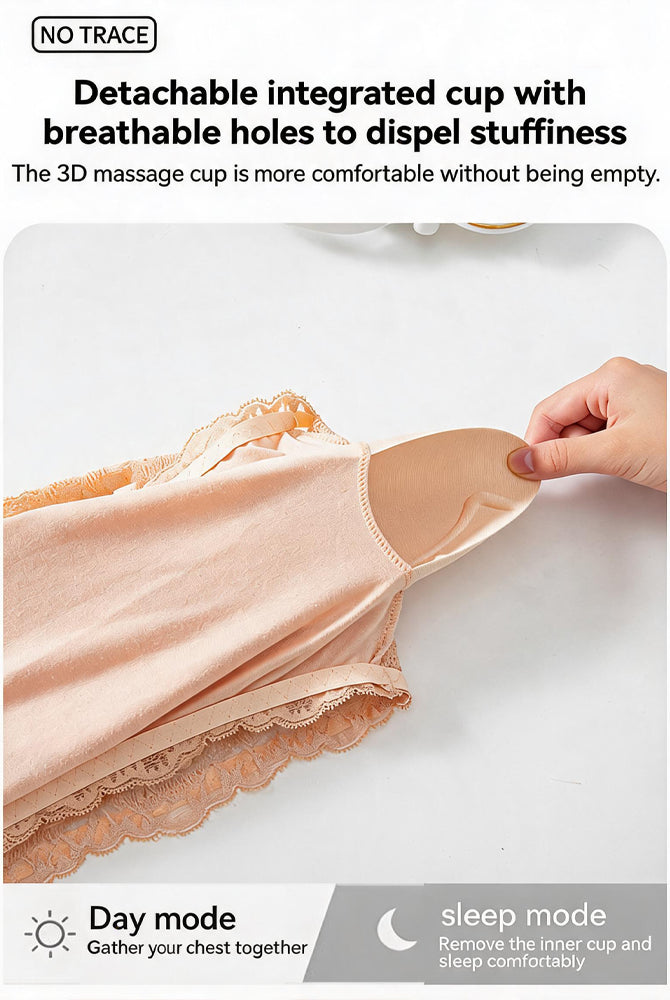 Nude strapless lace bandeau bra laid flat with floral embroidery and scalloped edge.