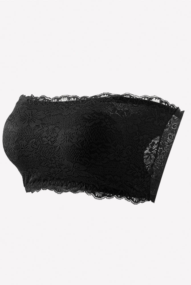 Black floral lace strapless bandeau bra with scalloped edges and curved neckline.