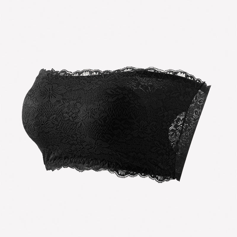 Black floral lace strapless bandeau bra with scalloped edges and curved neckline.