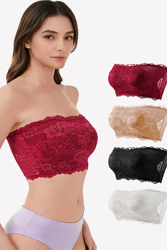 Red floral lace strapless bandeau bra, styled as a strapless bandeau top.