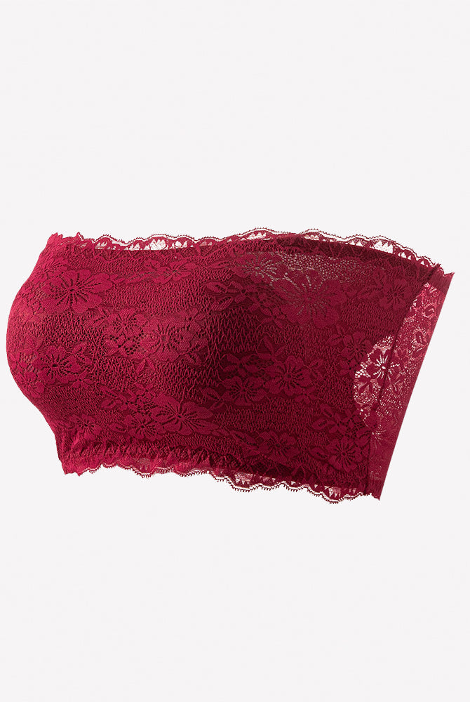 Wine red floral lace strapless bandeau bra with scalloped trim and floral motifs.