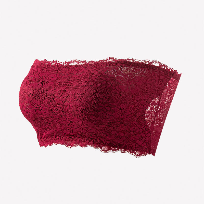 Wine red floral lace strapless bandeau bra with scalloped trim and floral motifs.