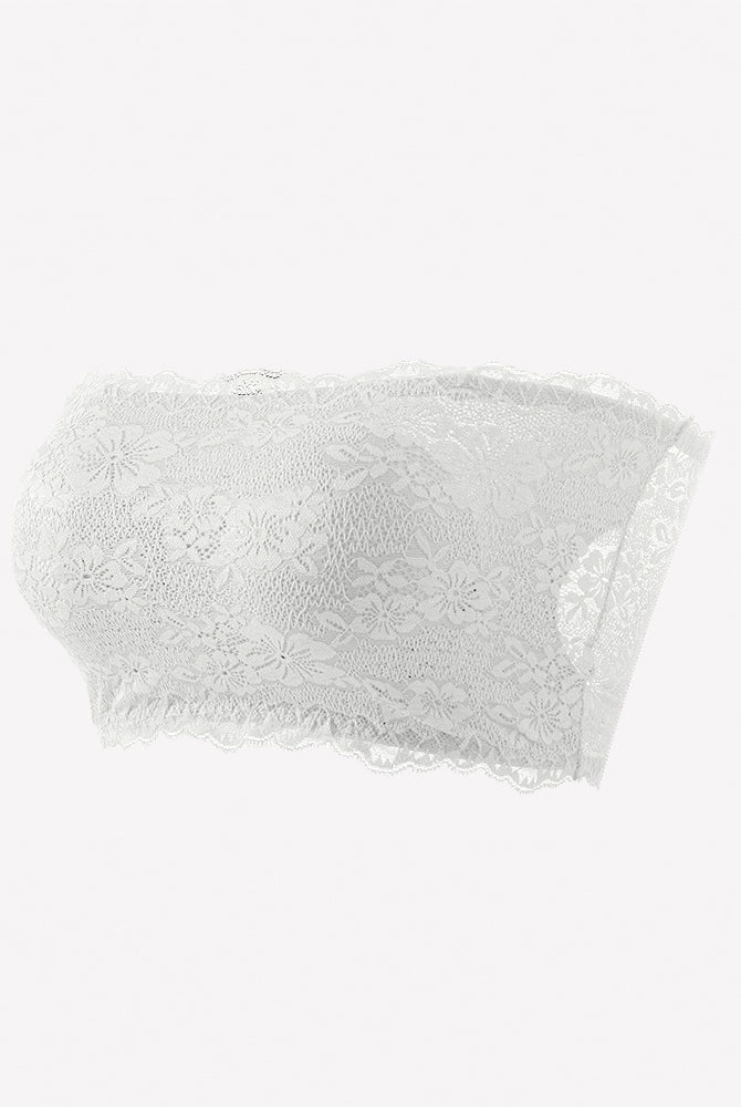 White floral lace strapless bandeau bra with scalloped trim and textured lace.