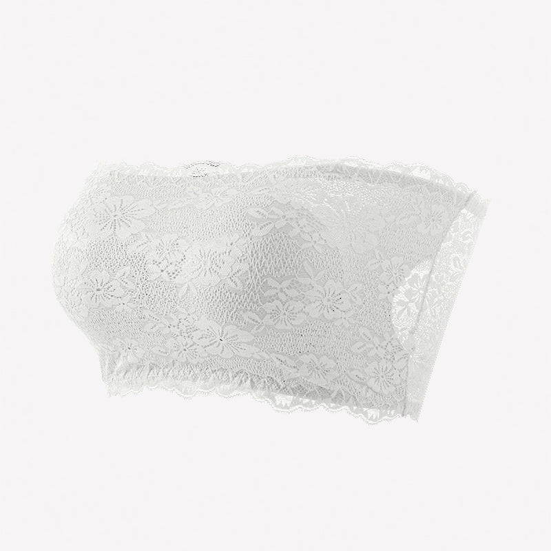 White floral lace strapless bandeau bra with scalloped trim and textured lace.