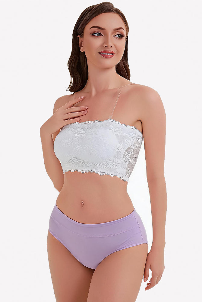 White floral lace strapless bandeau bra with scalloped neckline and supportive bust coverage.