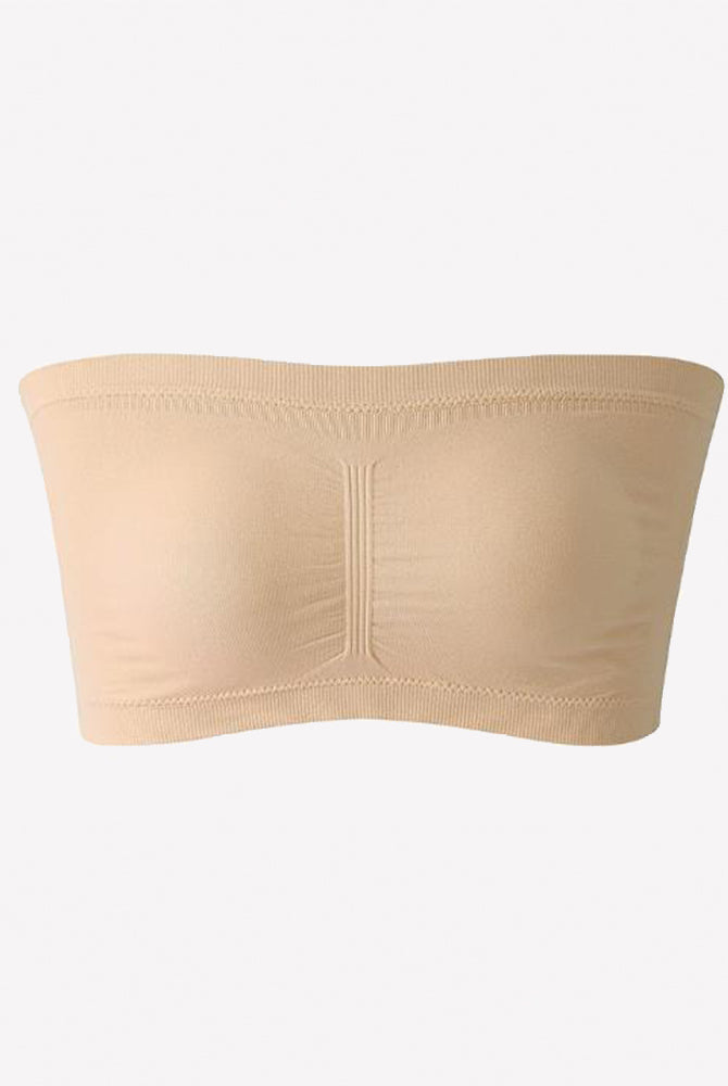Nude strapless bandeau bra, wireless seamless tube top with center seam detail