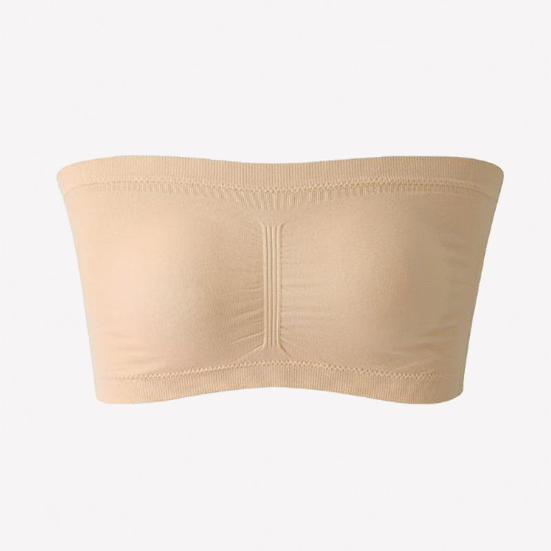 Skin-tone strapless bandeau bra, wireless seamless tube top with stitched center seam
