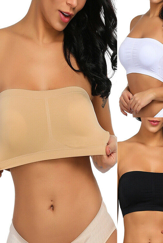 Nude strapless bandeau bra worn as a wireless seamless tube top