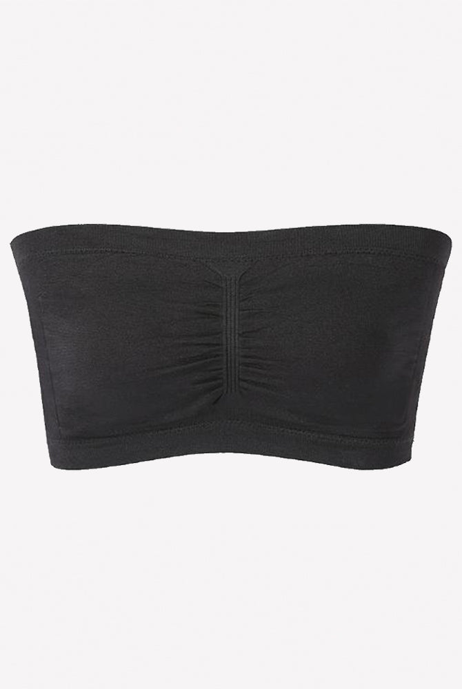 Black strapless bandeau bra, wireless seamless tube top with center seam detail