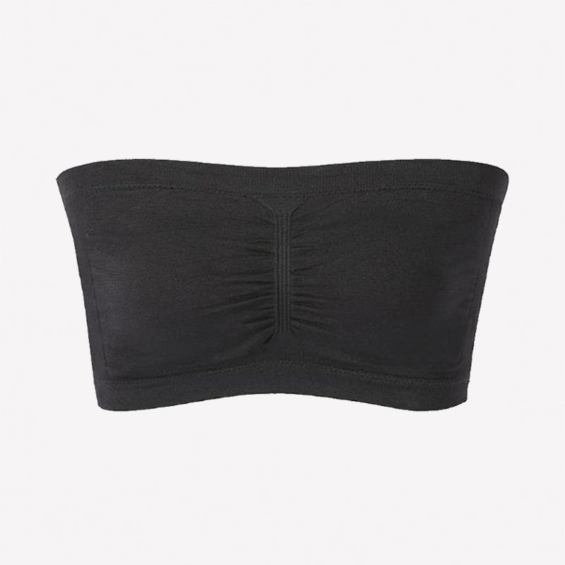 Black strapless bandeau bra, wireless seamless tube top with stitched center seam