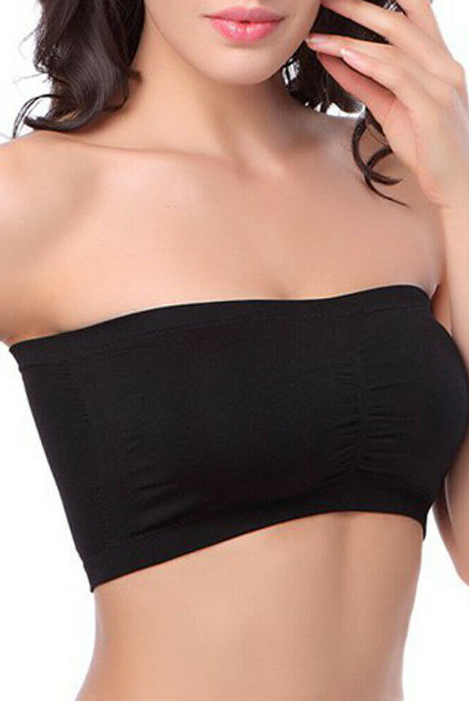 Black strapless bandeau bra, wireless seamless tube top worn underbust level