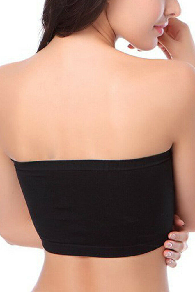 Black strapless bandeau bra, wireless seamless tube top shown from back